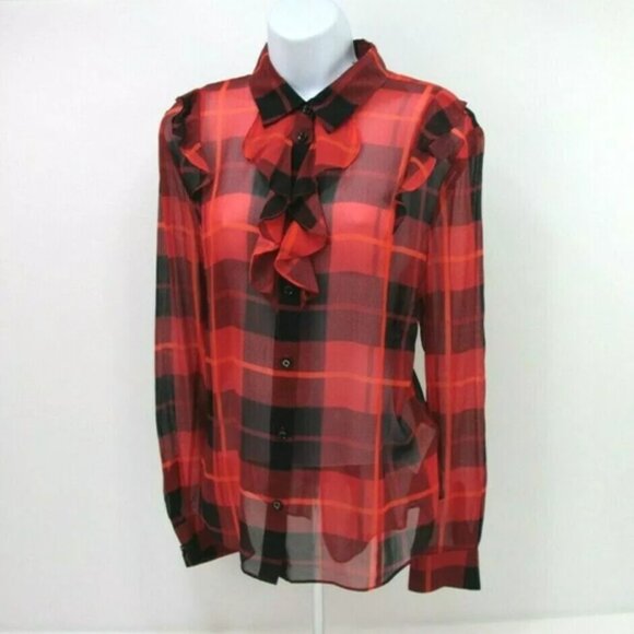 Kate Spade plaid ruffled semi-sheer blouse red black plaid size 4 - Picture 7 of 10